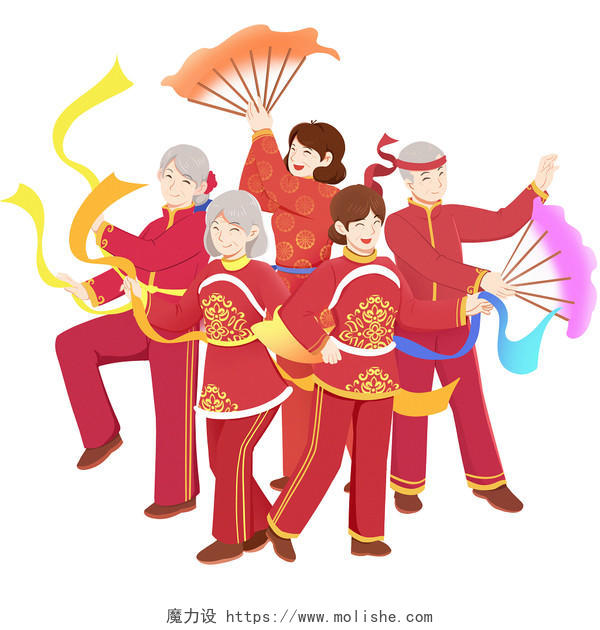 2021喜庆红色手绘春节习俗老人扭秧歌PNG素材春节新年扭秧歌